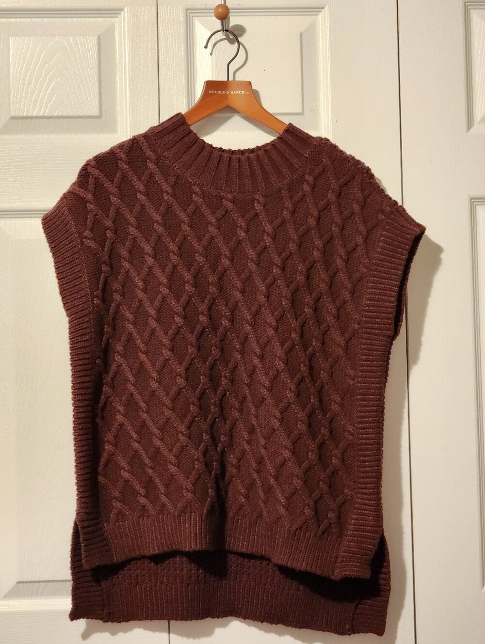 DEAR JOHN Chocolate Brown Cable Knit Short-Sleeve Sweater Oversized Large - Picture 3 of 13